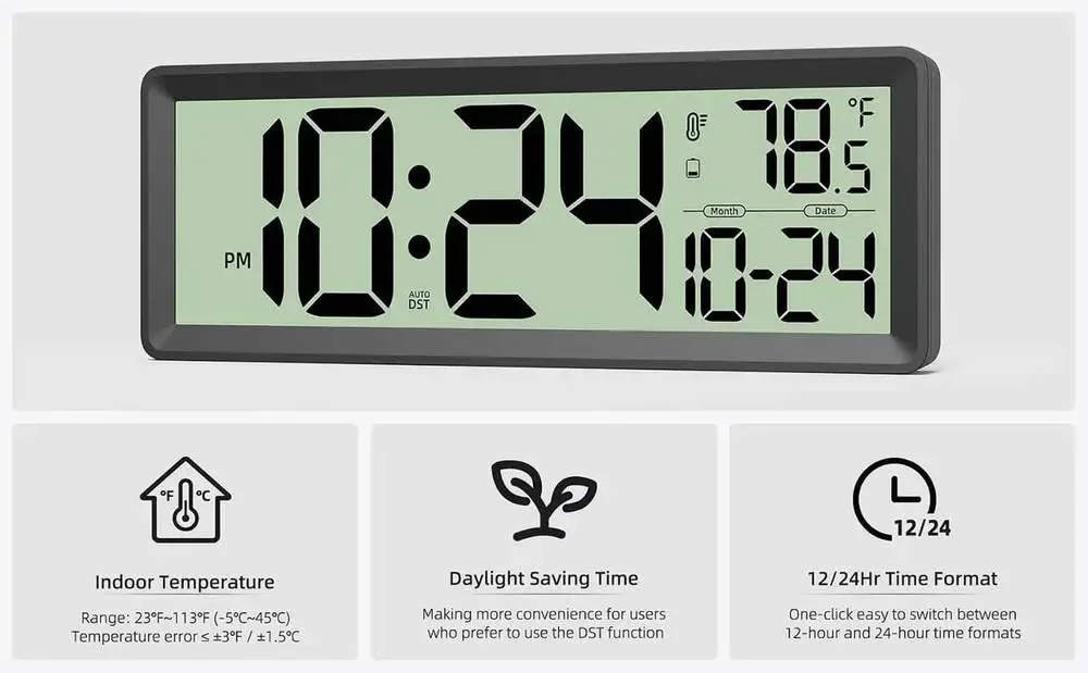 Digital Wall Clock 14 Inch Large Display Temperature Date DST Battery Operated